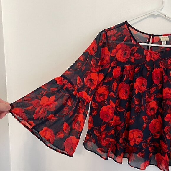 A NEW DAY Tiered Floral Blouse Navy Blue Red 3/4 Bell Sleeve Sheer / Lined Boho - Picture 7 of 12
